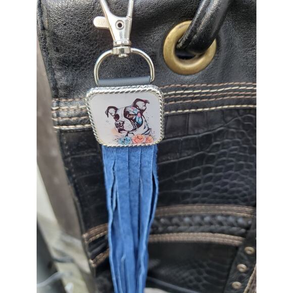 Handmade boho Pitbull lover Leather Fringe Western bag charm fringe keychain - Picture 3 of 4